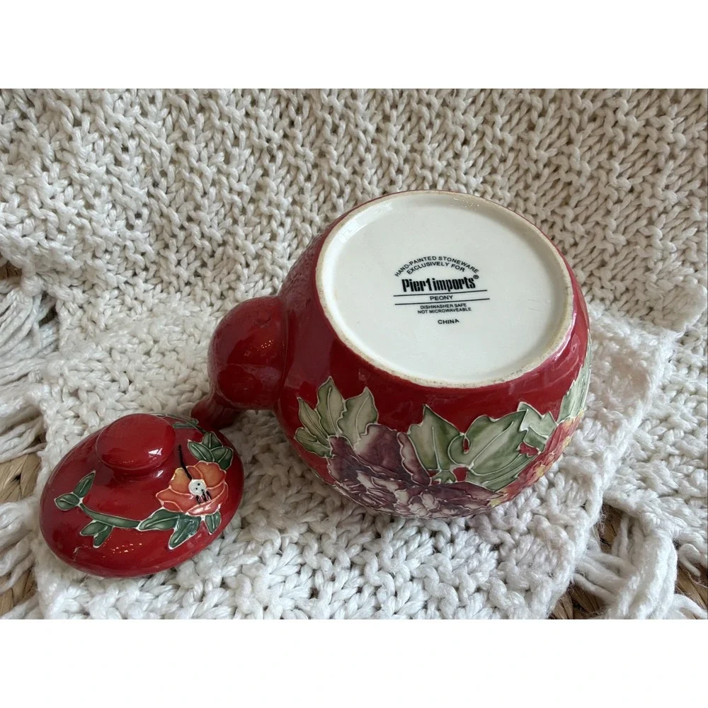 Pier One Red Peony Teapot with Bamboo Handle Handpainted Stoneware